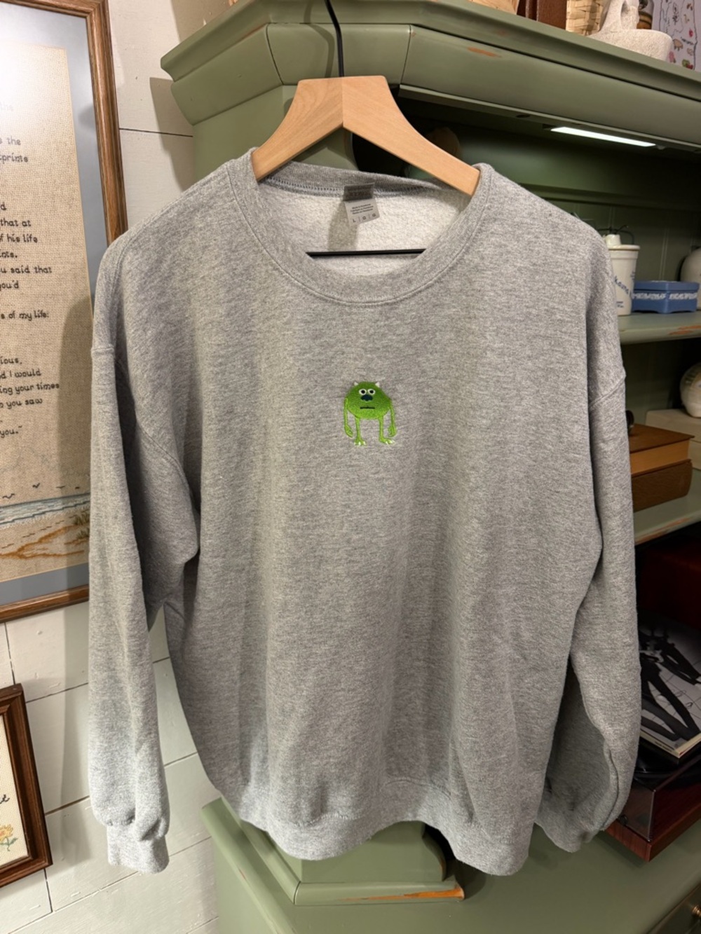 Embroidered Mike Wazowski Meme Crewneck Sweatshirt Heather Gray Size L Disney